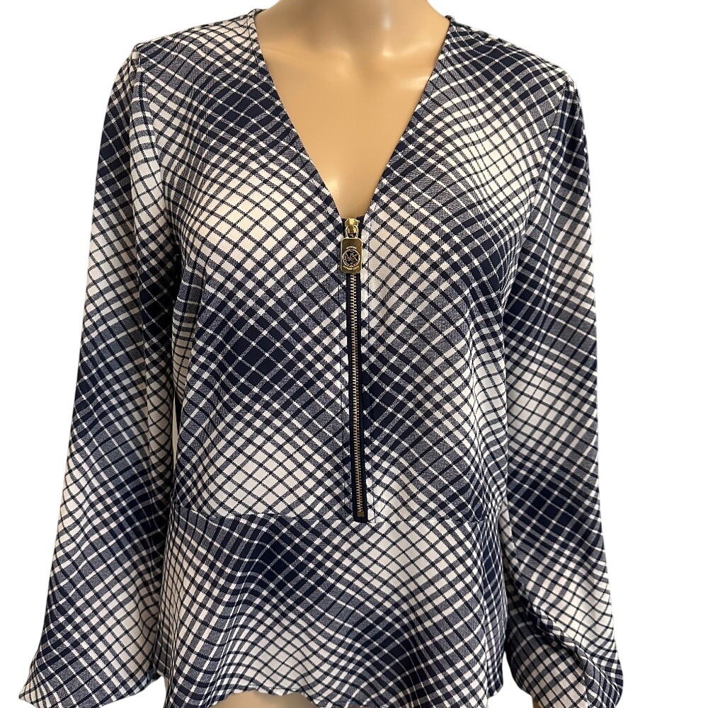 MICHAEL KORS Womens Plaid Zipper V Neck Long Sleeve Blouse‎ Shirt Top M